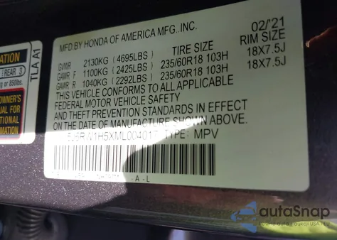 2021 Honda Cr-V 2Wd Ex из США, поврежденный, VIN 5J6RW1H5XML004017